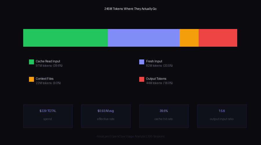 Token breakdown: 245M tokens by type - cache read, fresh input, context, output