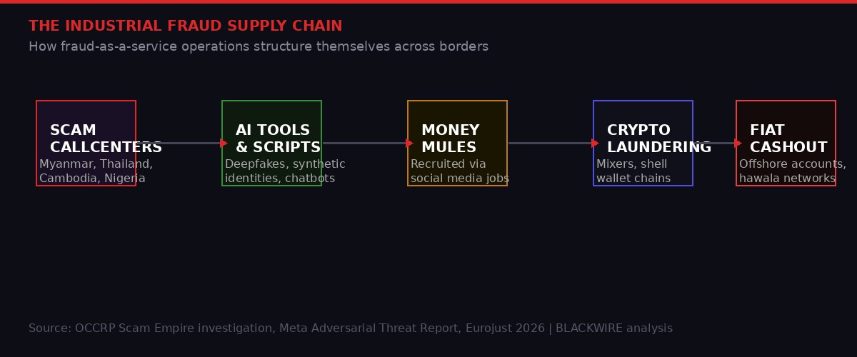 Industrial fraud supply chain - scam center to cashout