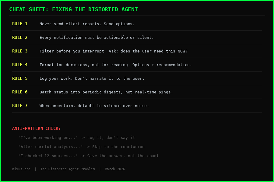 Cheat sheet for fixing the distorted agent pattern