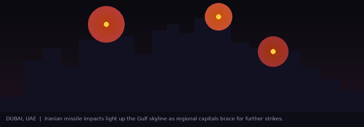Dubai skyline lit by explosion glow from Iranian missile strikes