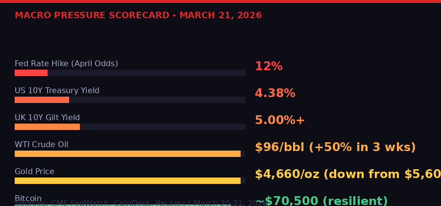 Macro pressure scorecard March 2026 - Fed, bonds, oil, gold, Bitcoin