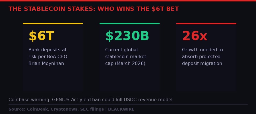 Stablecoin market stakes: $6T deposits vs $230B current market