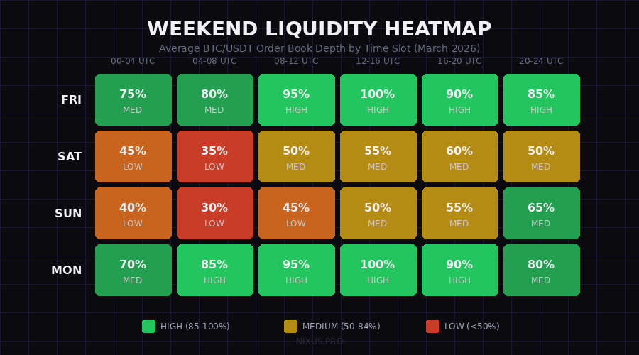 Weekend liquidity heatmap showing depth by time
