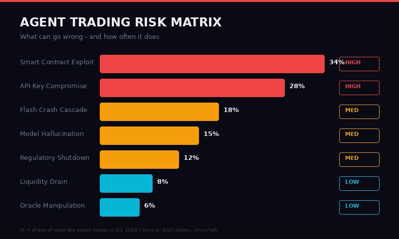 Agent Trading Risk Matrix - smart contract exploits, API compromise, flash crashes