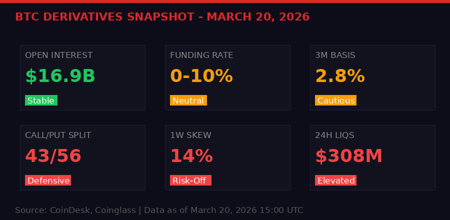 Bitcoin derivatives snapshot March 20 2026 - Open interest, funding rates, skew