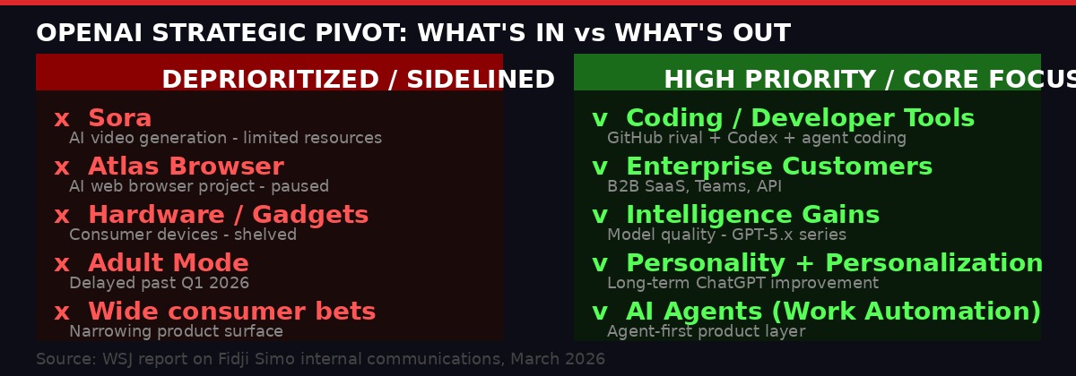 OpenAI Strategic Pivot Infographic - What is prioritized vs what is sidelined